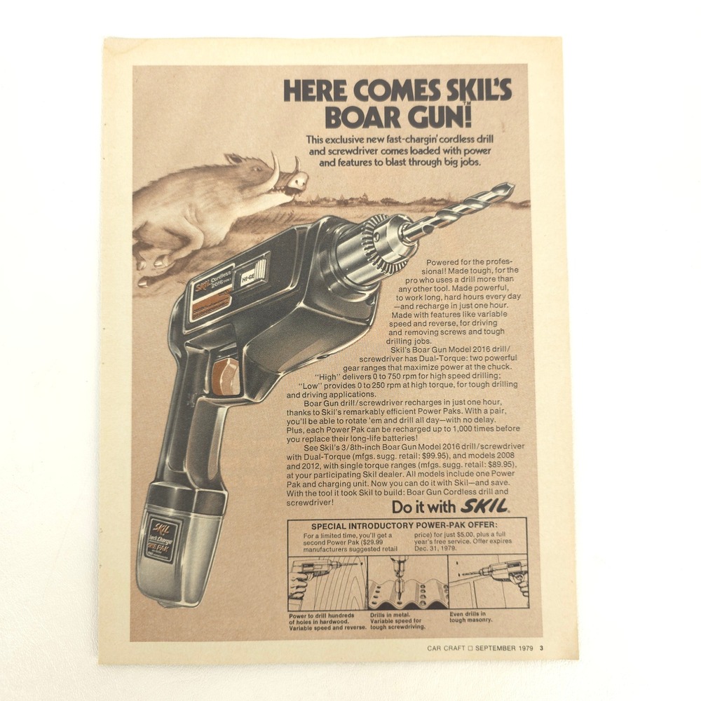 Vintage Skil Cordless 2016 Drill Boar Gun Print Ad Tool Promo Car Craft 1979